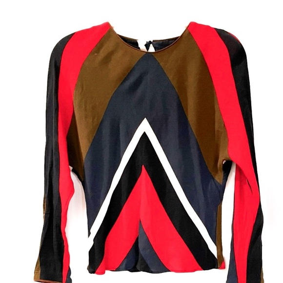 ZARA Multicolor Chevron Blouse - Red, Navy Blue, Brown cropped - Picture 1 of 7